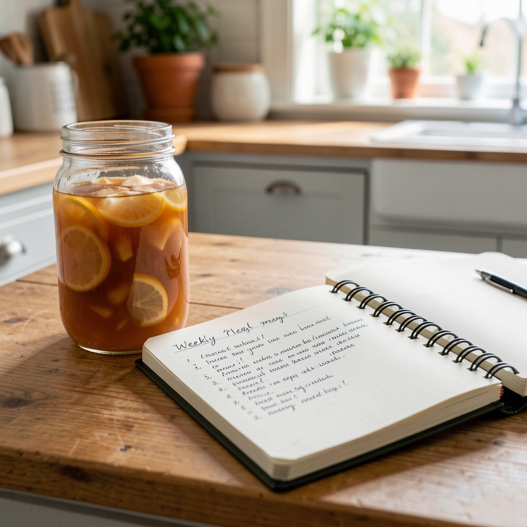 A glass jar of fermented kombucha and a notebook open to a handwritten weekly meal plan on a naturally lit wooden kitchen surface