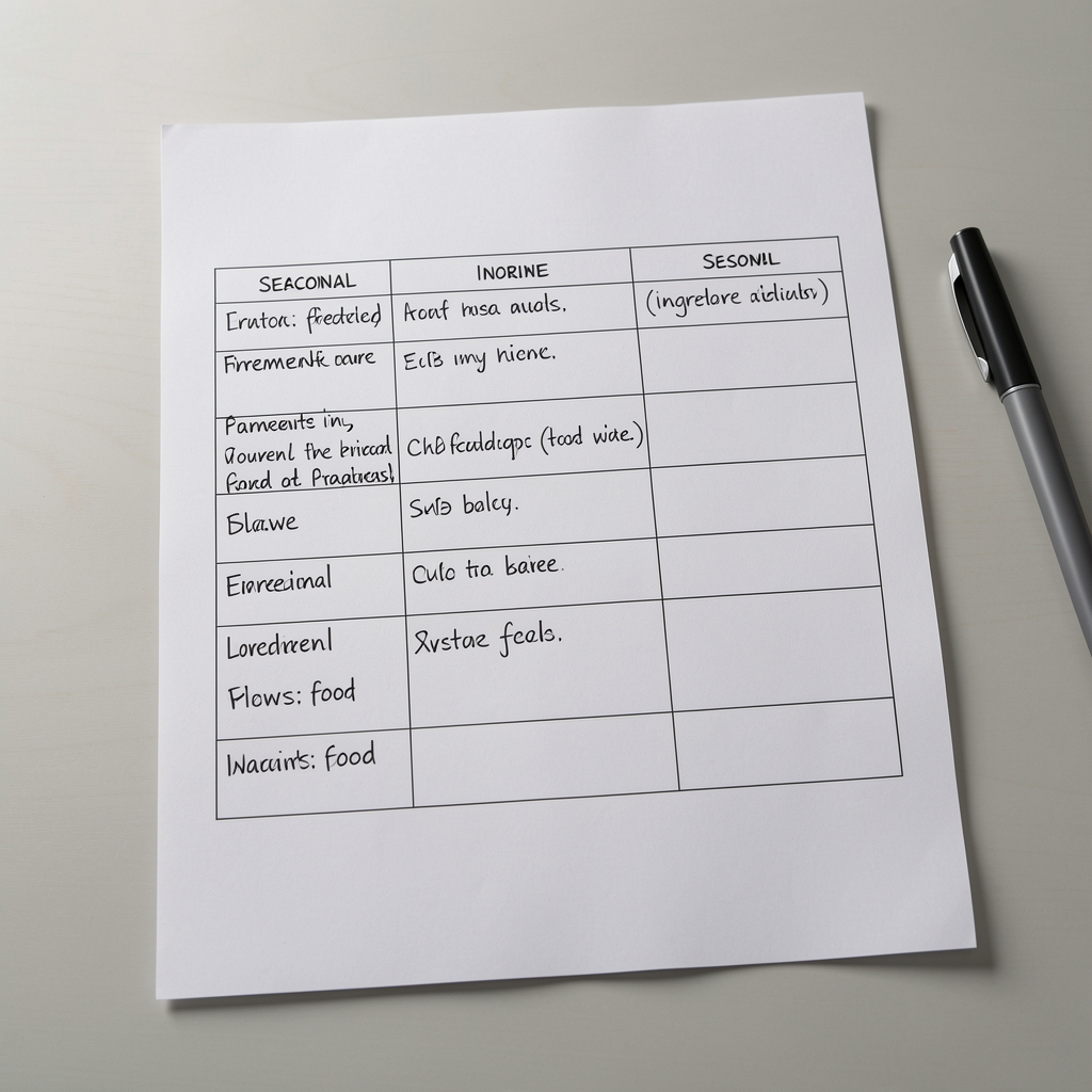 A food protocol document laid flat on a clean workspace showing handwritten framework notes with seasonal ingredient columns