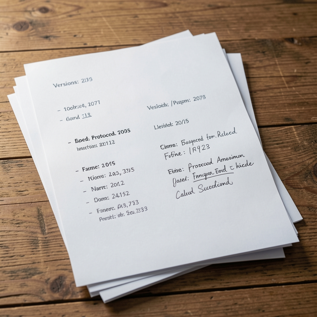 Versioned food protocol revision documents stacked on a wooden surface showing dates and handwritten amendment notes