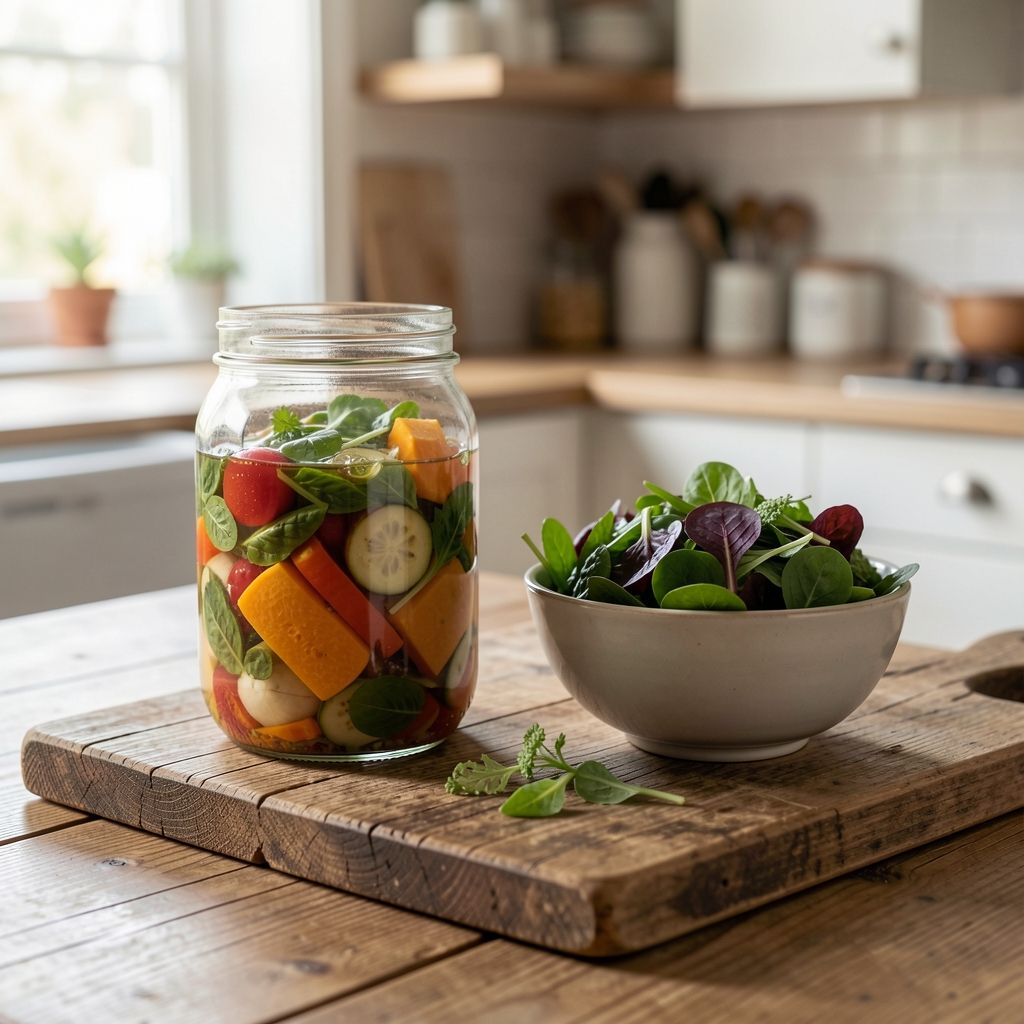 A glass jar of fermented vegetables and a bowl of seasonal greens photographed on a weathered wooden board in a home kitchen with natural light