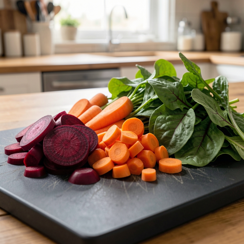 Close-up of freshly chopped colourful vegetables including beetroot, carrots, and leafy greens on a dark chopping board in a home kitchen